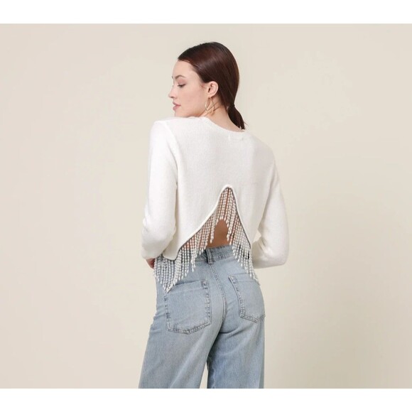 Line & Dot Sweater Womens Small White Beaded Fringe Hem Crewneck Cropped LT4434L - Picture 3 of 9